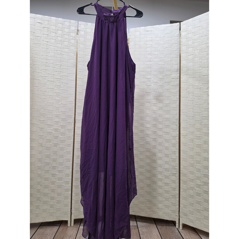 Purple Chiffon Halter Neck Maxi Dress High Low Pearl Button 3XL